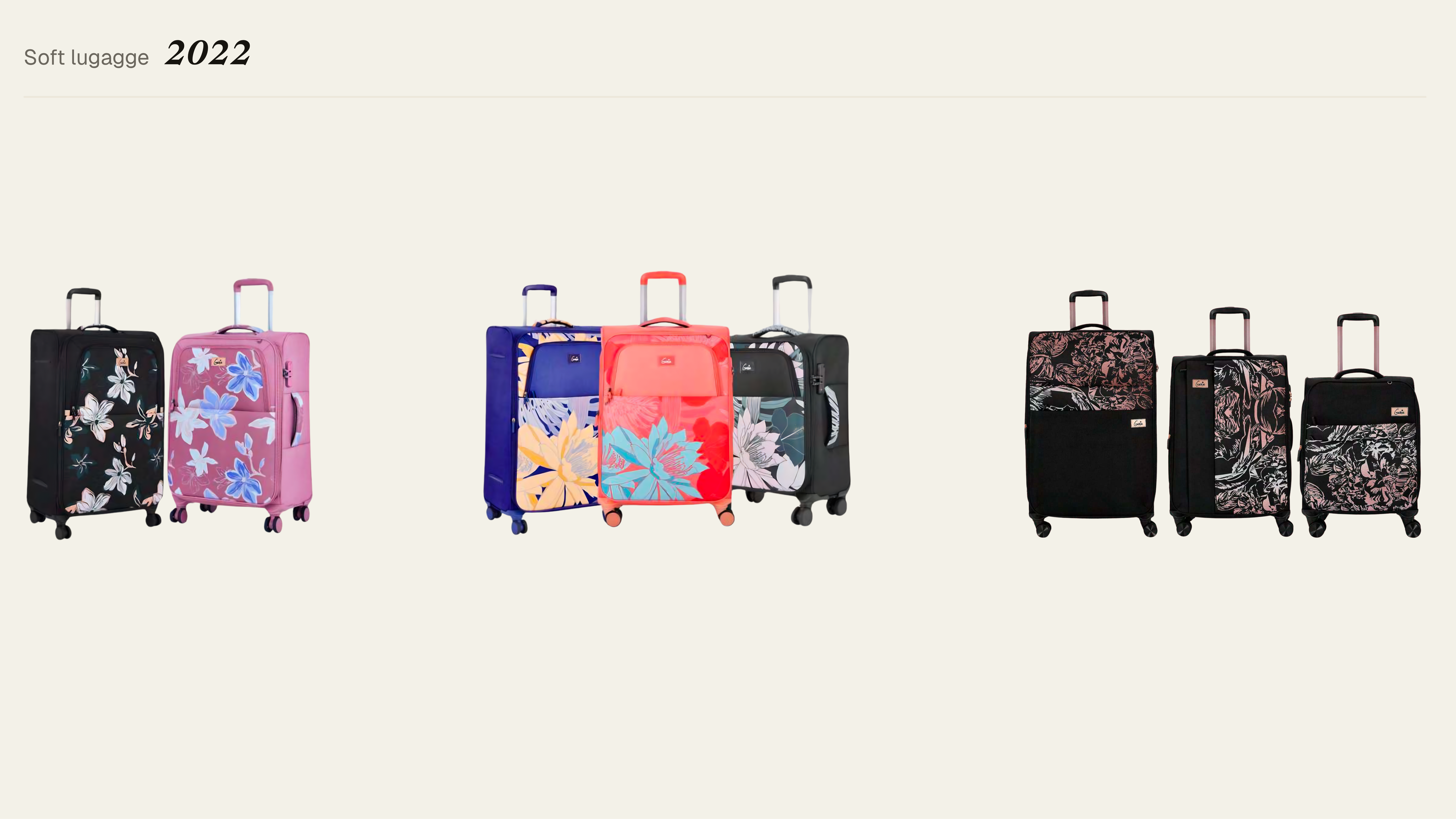 Genie soft luggage, 2022 — printed range across three price points