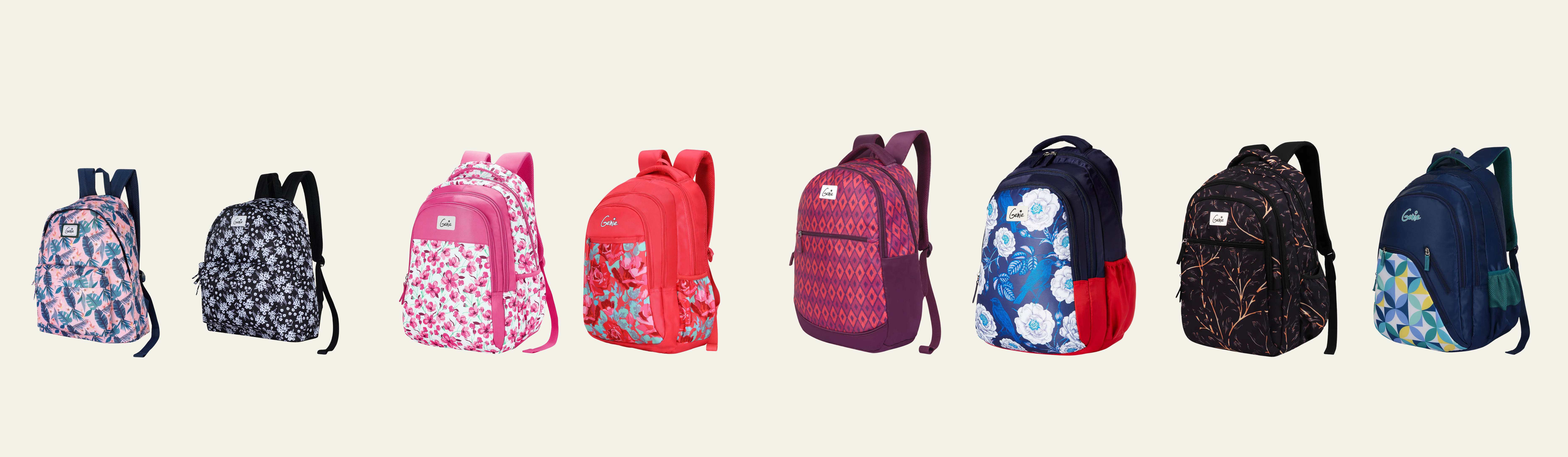 Genie school range before 2022 — eight backpacks in floral and graphic prints
