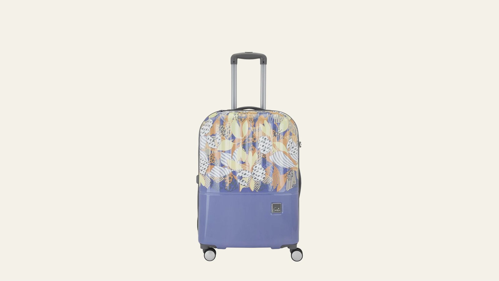 Genie luggage — Sprout, a periwinkle hardside trolley with a botanical print across the upper shell